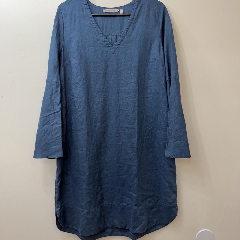 Soft Surroundings Milano Blue 100% Linen V-Neck Bell Sleeve Tunic Dress Womens M